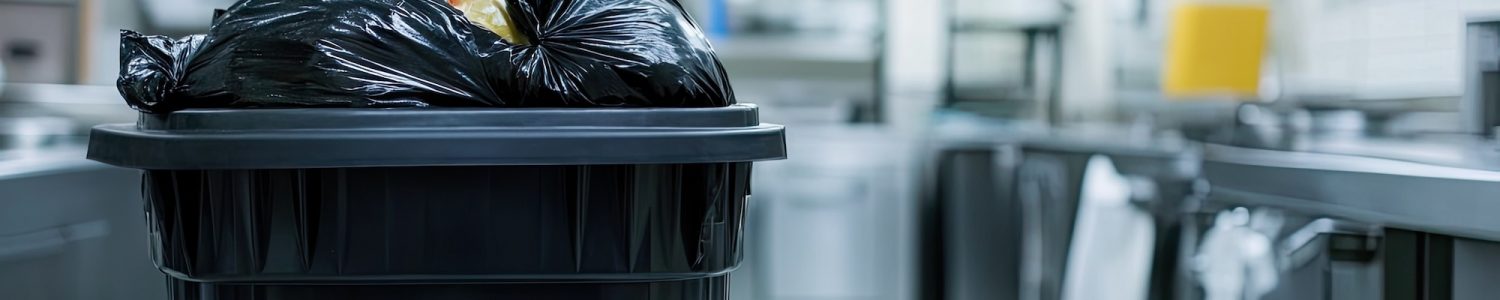 Open garbage can with black trash bag and visible contents, placed in a commercial kitchen environment